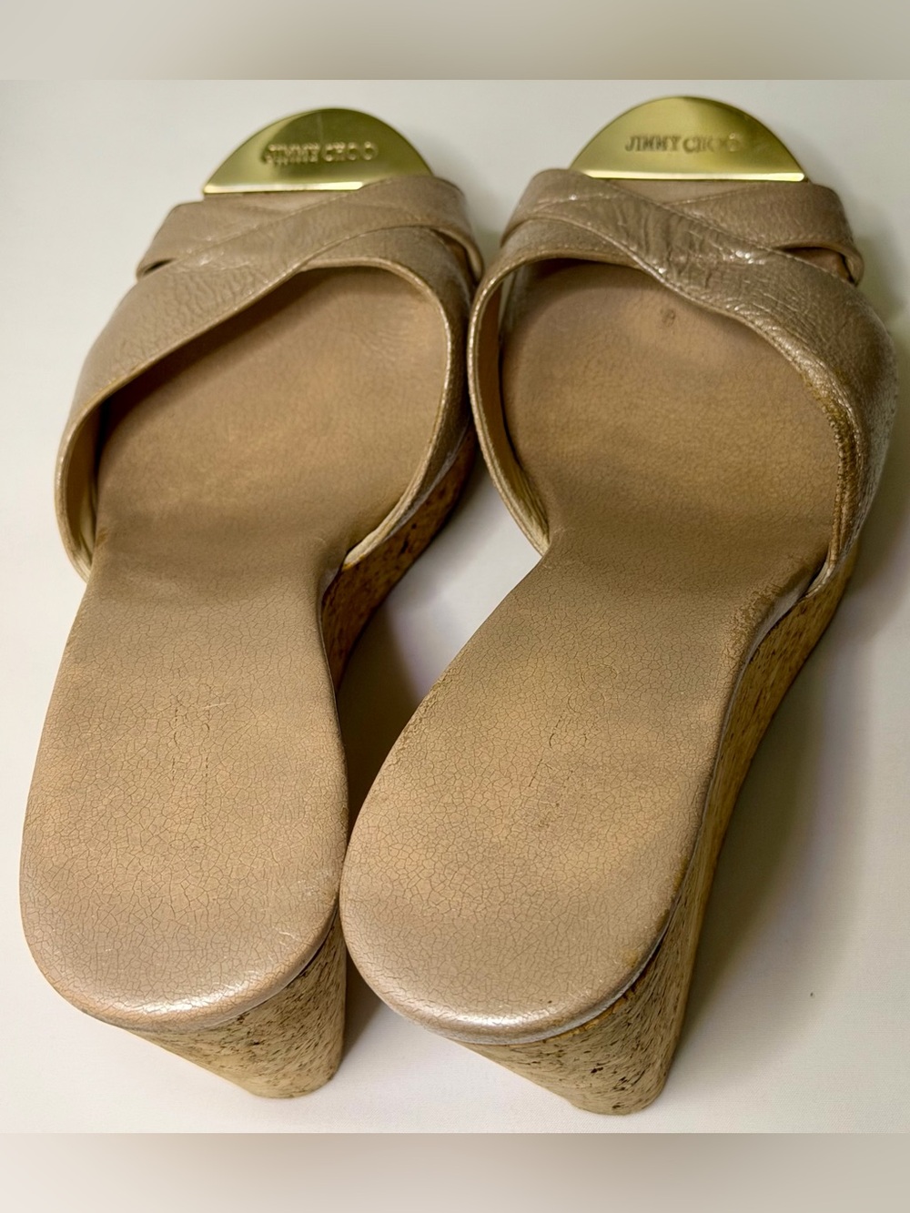 Jimmy Choo Metallic Rose Gold Leather Cork Wedge Sandals Size 38.5 - Picture 8 of 13